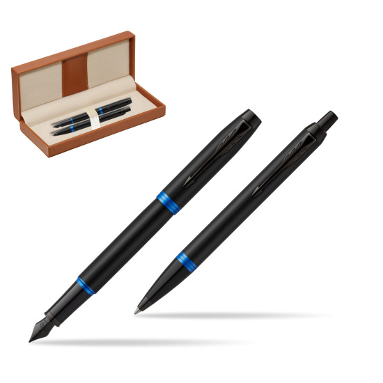 Parker IM VIBRANT RING Marine Blue Penna Stilografica +  Penna a Sfera Set regalo  in classic box brown
