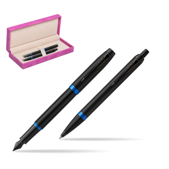 Parker IM VIBRANT RING Marine Blue Penna Stilografica +  Penna a Sfera Set regalo in suede box fuchsia