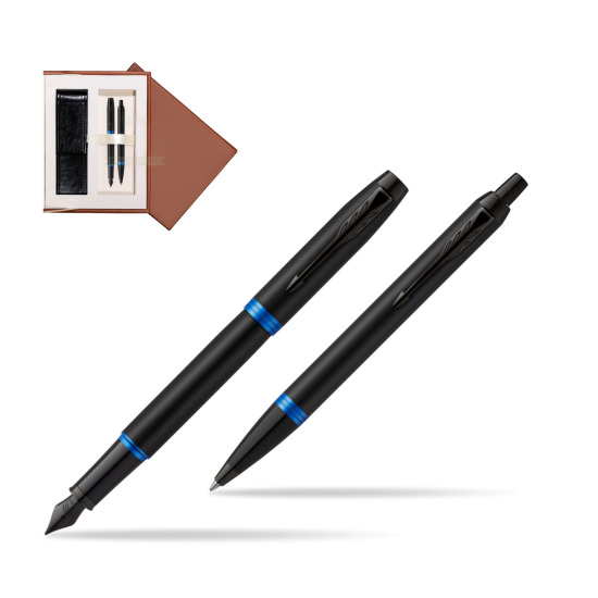 Parker IM VIBRANT RING Marine Blue Penna Stilografica +  Penna a Sfera Set regalo in suede box brown