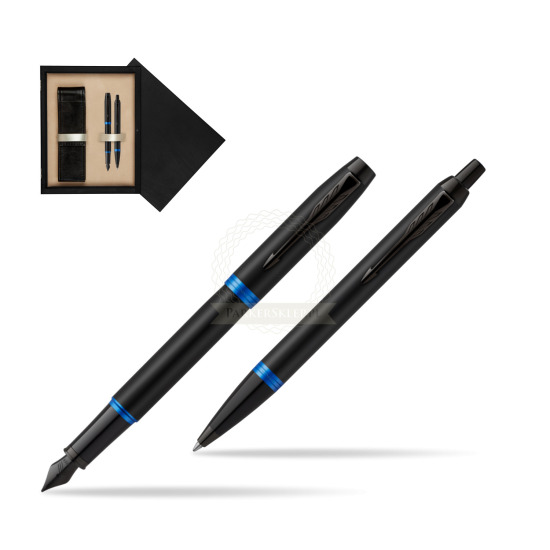 Parker IM VIBRANT RING Marine Blue Penna Stilografica +  Penna a Sfera Set regalo in double wooden box Black Double Ecru