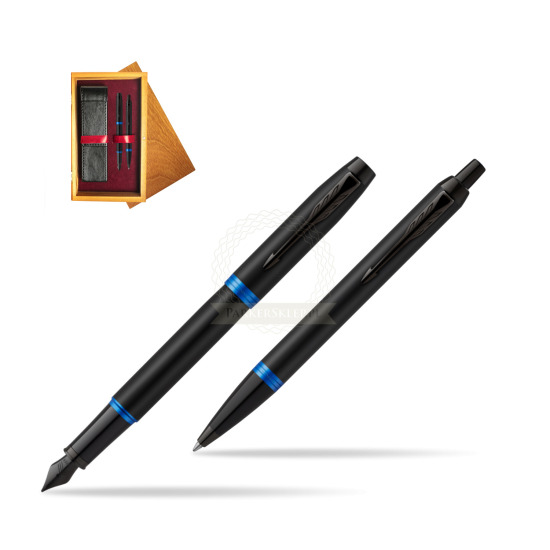 Parker IM VIBRANT RING Marine Blue Penna Stilografica +  Penna a Sfera Set regalo in double wooden box Honey Double Maroon