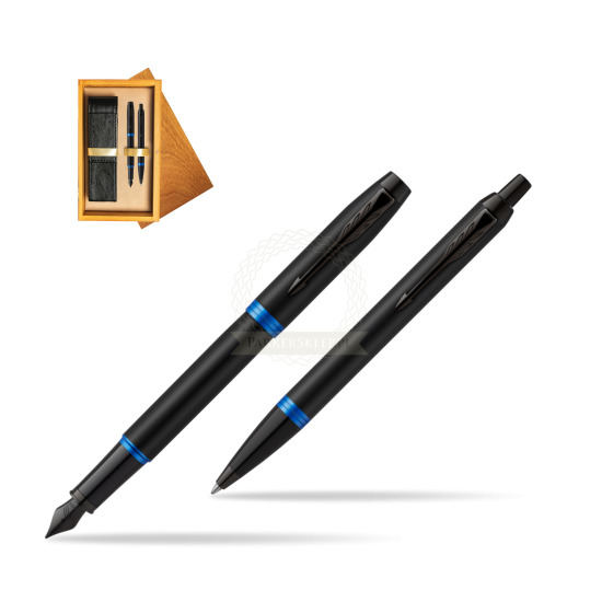 Parker IM VIBRANT RING Marine Blue Penna Stilografica +  Penna a Sfera Set regalo in double wooden box Honey Double Ecru