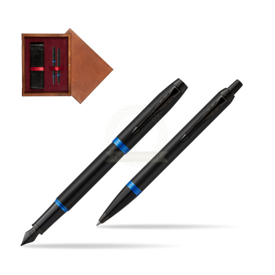 Parker IM VIBRANT RING Marine Blue Penna Stilografica +  Penna a Sfera Set regalo in double wooden box Mahogany Double Maroon