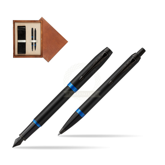 Parker IM VIBRANT RING Marine Blue Penna Stilografica +  Penna a Sfera Set regalo in double wooden box Mahogany Double Ecru