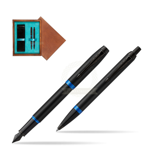 Parker IM VIBRANT RING Marine Blue Penna Stilografica +  Penna a Sfera Set regalo in double wooden box Mahogany Double Turquoise 