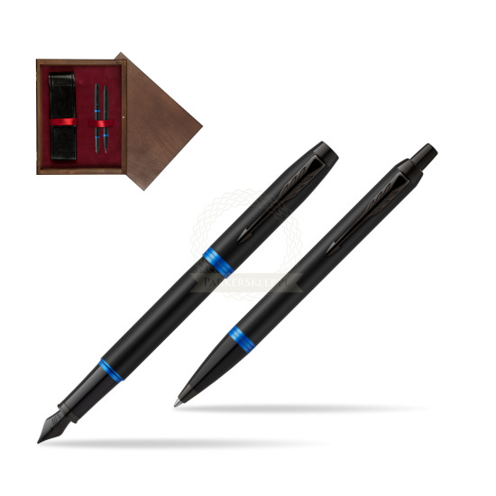 Parker IM VIBRANT RING Marine Blue Penna Stilografica +  Penna a Sfera Set regalo in double wooden box Wenge Double Maroon