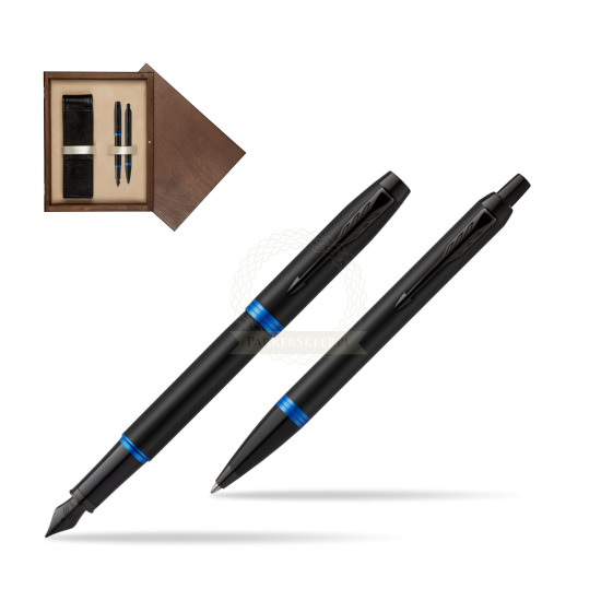 Parker IM VIBRANT RING Marine Blue Penna Stilografica +  Penna a Sfera Set regalo in double wooden box Wenge Double Ecru