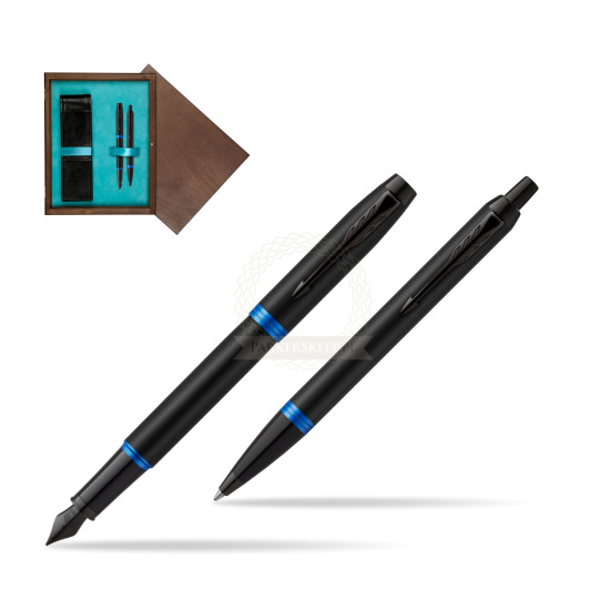 Parker IM VIBRANT RING Marine Blue Penna Stilografica +  Penna a Sfera Set regalo in double wooden box Wenge Double Turquoise 