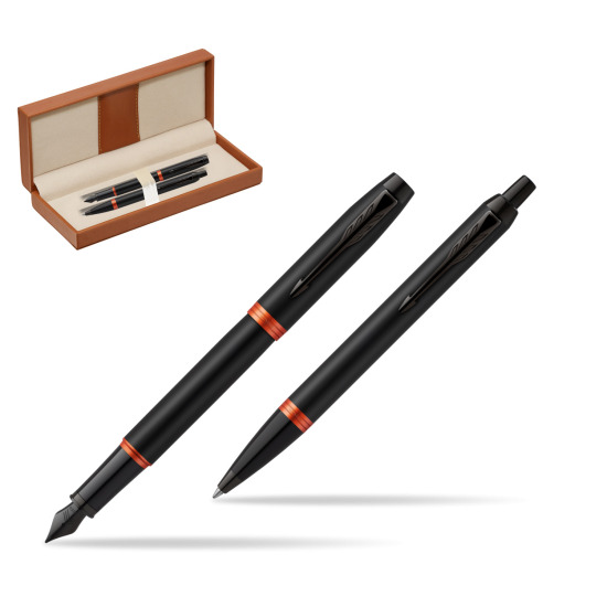 Parker IM VIBRANT RING Flame Orange Penna Stilografica +  Penna a Sfera Set regalo  in classic box brown
