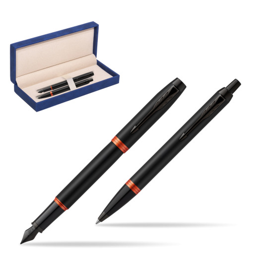 Parker IM VIBRANT RING Flame Orange Penna Stilografica +  Penna a Sfera Set regalo in suede box navy blue