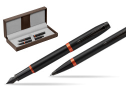 Parker IM VIBRANT RING Flame Orange Fountain Pen + Ballpoint Pen in a Gift Box in the brown leather box