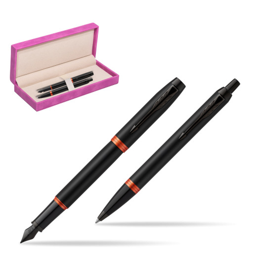 Parker IM VIBRANT RING Flame Orange Penna Stilografica +  Penna a Sfera Set regalo in suede box fuchsia