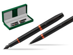 Parker IM VIBRANT RING Flame Orange Fountain Pen + Ballpoint Pen in a Gift Box in the green leather box