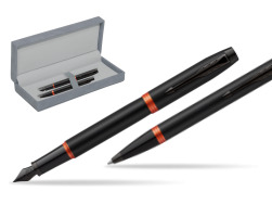 Parker IM VIBRANT RING Flame Orange Penna Stilografica +  Penna a Sfera Set regalo in suede box grey