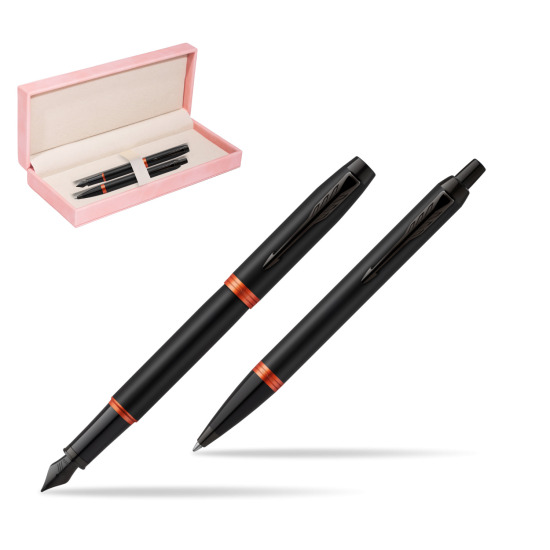 Parker IM VIBRANT RING Flame Orange Penna Stilografica +  Penna a Sfera Set regalo in suede box pink