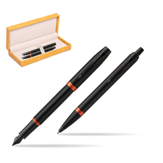 Parker IM VIBRANT RING Flame Orange Penna Stilografica +  Penna a Sfera Set regalo in suede box yellow