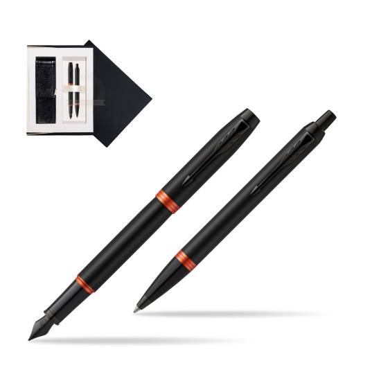 Parker IM VIBRANT RING Flame Orange Penna Stilografica +  Penna a Sfera Set regalo in suede box black