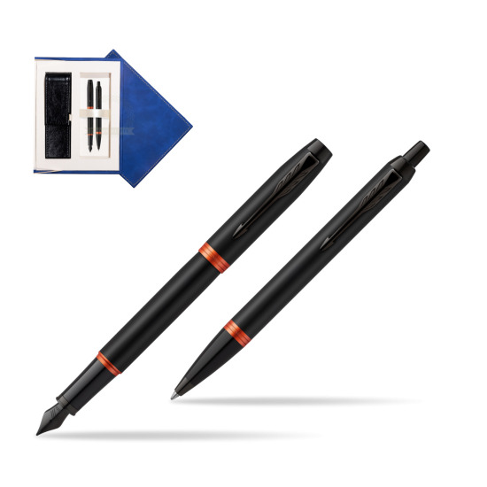 Parker IM VIBRANT RING Flame Orange Penna Stilografica +  Penna a Sfera Set regalo in suede box navy blue