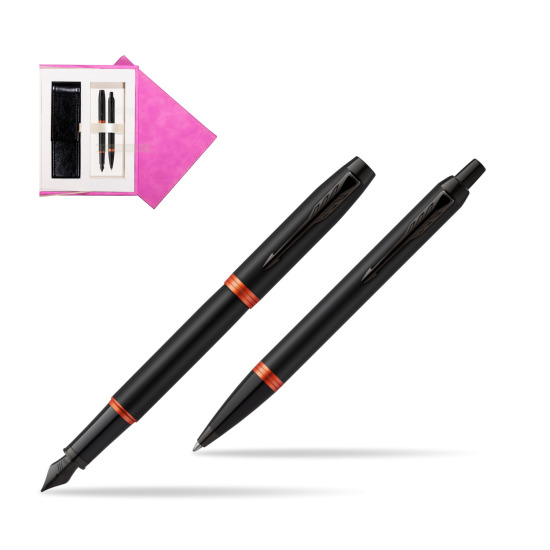 Parker IM VIBRANT RING Flame Orange Penna Stilografica +  Penna a Sfera Set regalo in suede box fuchsia