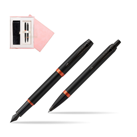 Parker IM VIBRANT RING Flame Orange Penna Stilografica +  Penna a Sfera Set regalo in suede box pink