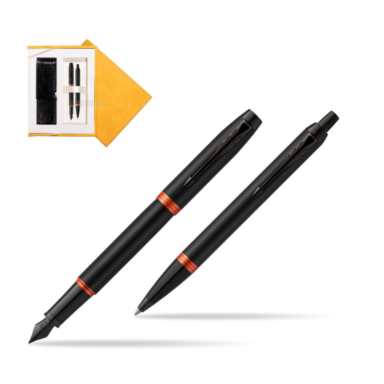 Parker IM VIBRANT RING Flame Orange Penna Stilografica +  Penna a Sfera Set regalo in suede box yellow