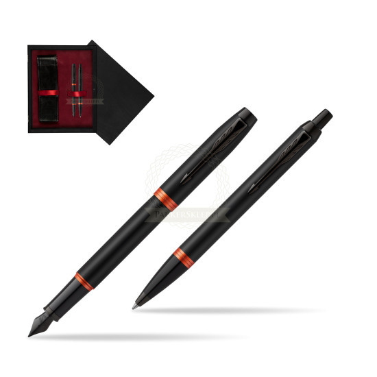 Parker IM VIBRANT RING Flame Orange Penna Stilografica +  Penna a Sfera Set regalo in double wooden box Black Double Maroon
