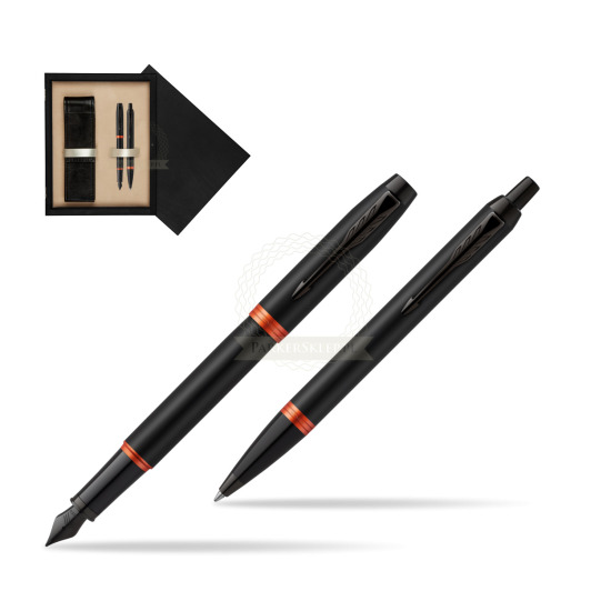 Parker IM VIBRANT RING Flame Orange Penna Stilografica +  Penna a Sfera Set regalo in double wooden box Black Double Ecru