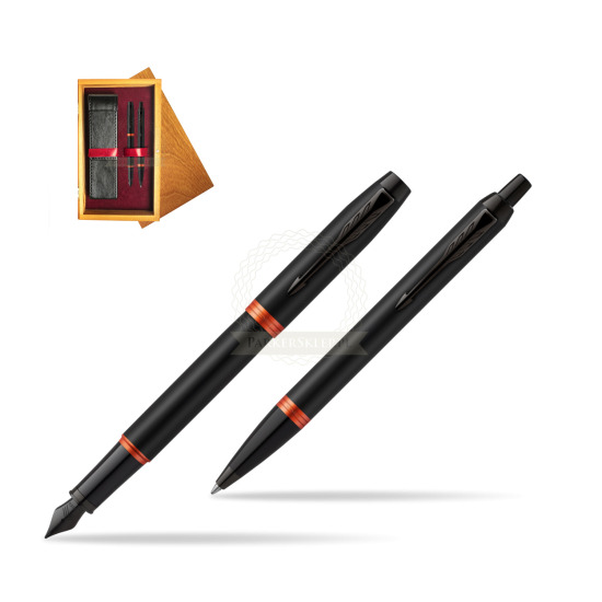 Parker IM VIBRANT RING Flame Orange Penna Stilografica +  Penna a Sfera Set regalo in double wooden box Honey Double Maroon