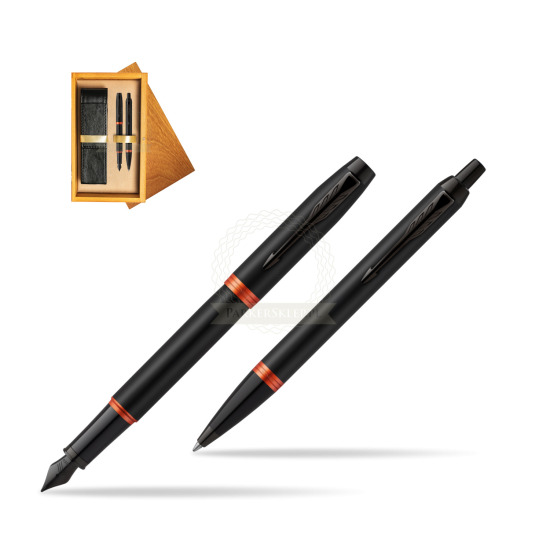 Parker IM VIBRANT RING Flame Orange Penna Stilografica +  Penna a Sfera Set regalo in double wooden box Honey Double Ecru