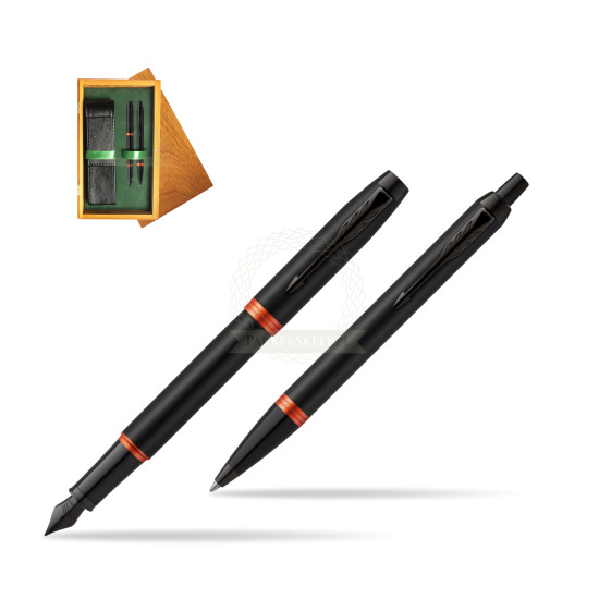 Parker IM VIBRANT RING Flame Orange Penna Stilografica +  Penna a Sfera Set regalo in double wooden box Honey Green