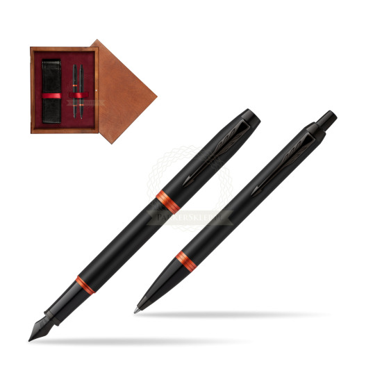 Parker IM VIBRANT RING Flame Orange Penna Stilografica +  Penna a Sfera Set regalo in double wooden box Mahogany Double Maroon