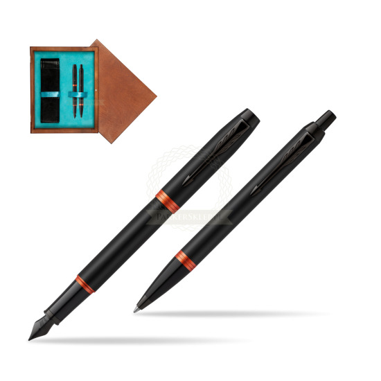 Parker IM VIBRANT RING Flame Orange Penna Stilografica +  Penna a Sfera Set regalo in double wooden box Mahogany Double Turquoise 