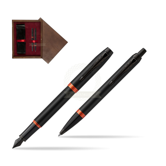 Parker IM VIBRANT RING Flame Orange Penna Stilografica +  Penna a Sfera Set regalo in double wooden box Wenge Double Maroon