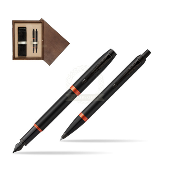 Parker IM VIBRANT RING Flame Orange Penna Stilografica +  Penna a Sfera Set regalo in double wooden box Wenge Double Ecru