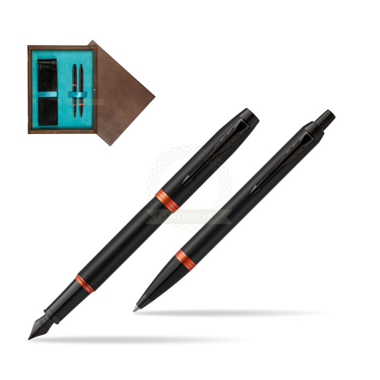 Parker IM VIBRANT RING Flame Orange Penna Stilografica +  Penna a Sfera Set regalo in double wooden box Wenge Double Turquoise 