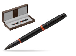 Parker IM PROFESSIONALS VIBRANT RING Flame Orange Rollerball Pen in the brown leather box