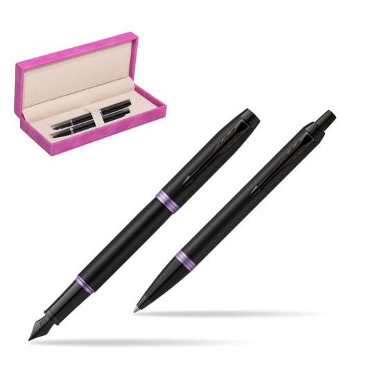 Parker IM VIBRANT RING Amethyst Purple Penna Stilografica + Penna a Sfera Set regalo in suede box fuchsia