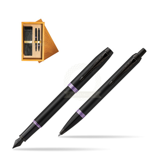 Parker IM VIBRANT RING Amethyst Purple Penna Stilografica + Penna a Sfera Set regalo in double wooden box Honey Double Ecru