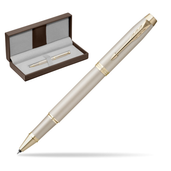 Parker IM PROFESSIONALS MONOCHROME CHAMPAGNE Rollerball Pen in the brown leather box