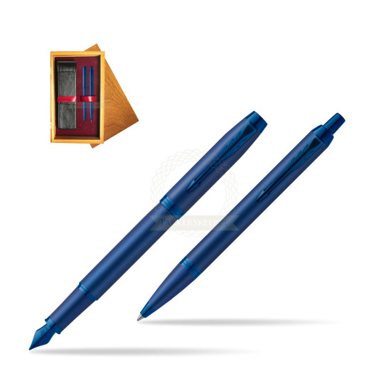Parker Penna Stilografica + Penna Pen IM PROFESSIONALS MONOCHROME BLUE in double wooden box Honey Double Maroon