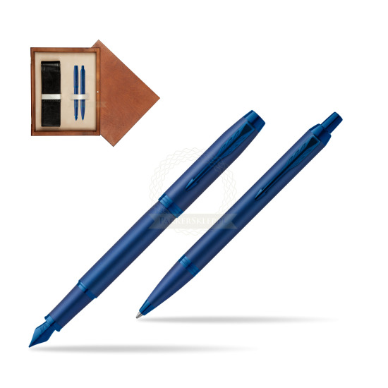Parker Penna Stilografica + Penna Pen IM PROFESSIONALS MONOCHROME BLUE in double wooden box Mahogany Double Ecru