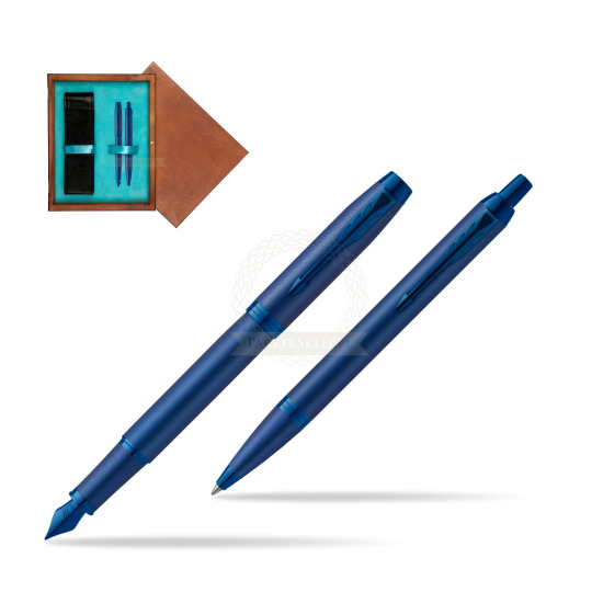 Parker Penna Stilografica + Penna Pen IM PROFESSIONALS MONOCHROME BLUE in double wooden box Mahogany Double Turquoise 