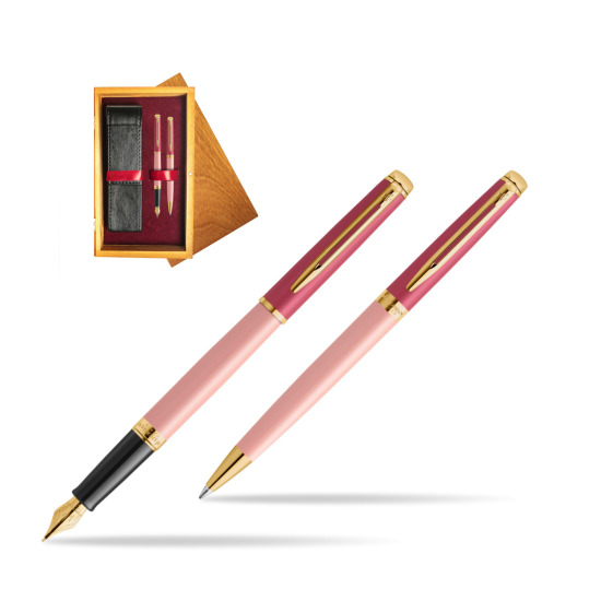 Waterman Penna Stilografica + Penna a Sfera HÉMISPHÈRE COLOR-BLOCK PINK GT in double wooden box Honey Double Maroon