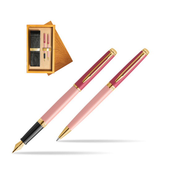 Waterman Penna Stilografica + Penna a Sfera HÉMISPHÈRE COLOR-BLOCK PINK GT in double wooden box Honey Double Ecru