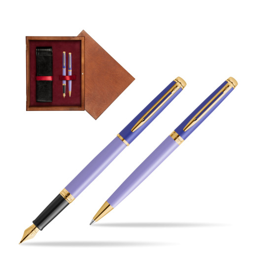 Waterman Penna Stilografica + Penna a Sfera HÉMISPHÈRE COLOR-BLOCK PURPLE in double wooden box Mahogany Double Maroon
