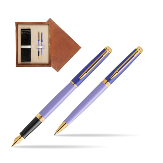 Waterman Penna Stilografica + Penna a Sfera HÉMISPHÈRE COLOR-BLOCK PURPLE in double wooden box Mahogany Double Ecru