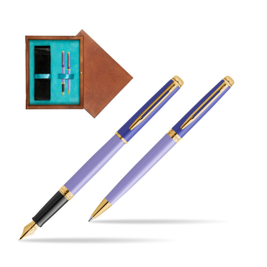 Waterman Penna Stilografica + Penna a Sfera HÉMISPHÈRE COLOR-BLOCK PURPLE in double wooden box Mahogany Double Turquoise 