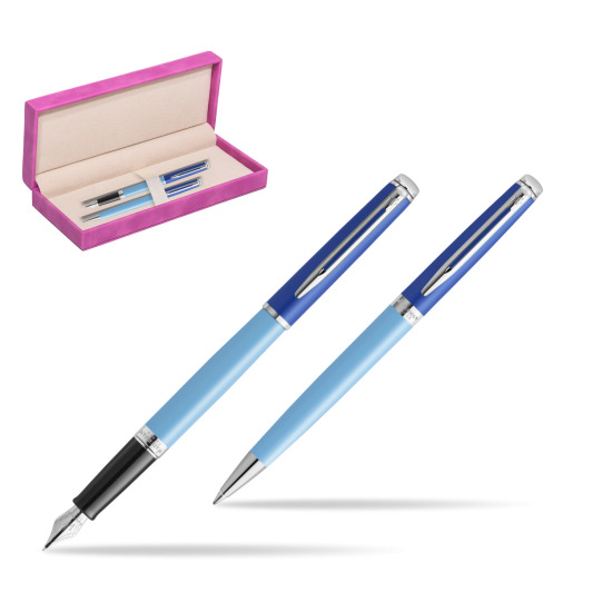 Waterman Penna Stilografica + Penna a Sfera HÉMISPHÈRE COLOR-BLOCK BLUE in suede box fuchsia