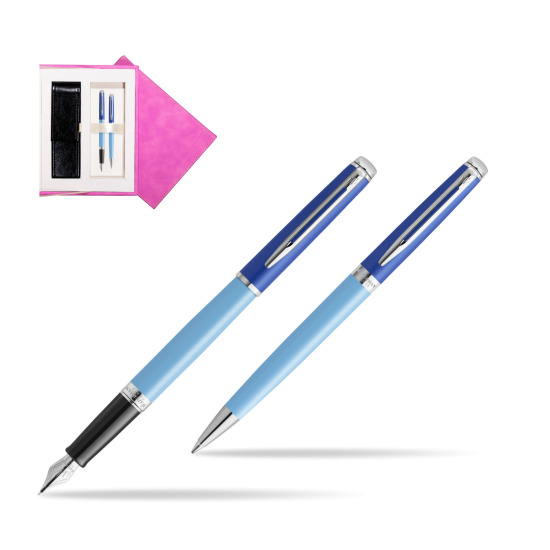 Waterman Penna Stilografica + Penna a Sfera HÉMISPHÈRE COLOR-BLOCK BLUE in suede box fuchsia