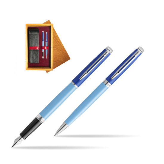 Waterman Penna Stilografica + Penna a Sfera HÉMISPHÈRE COLOR-BLOCK BLUE in double wooden box Honey Double Maroon